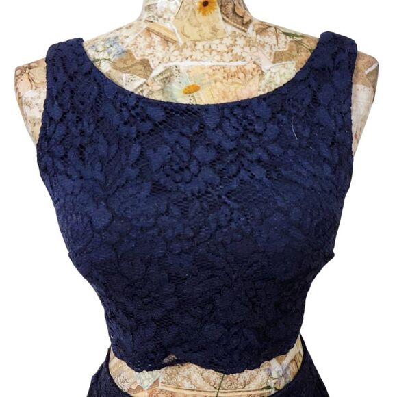 Formal Dark Blue Lace 2 Piece Crop Top Full Maxi Skirt Gown Long Dress Designer - Picture 6 of 15